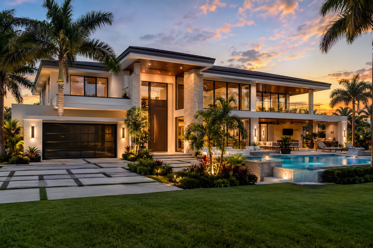 Finished modern luxury home with pool at sunset