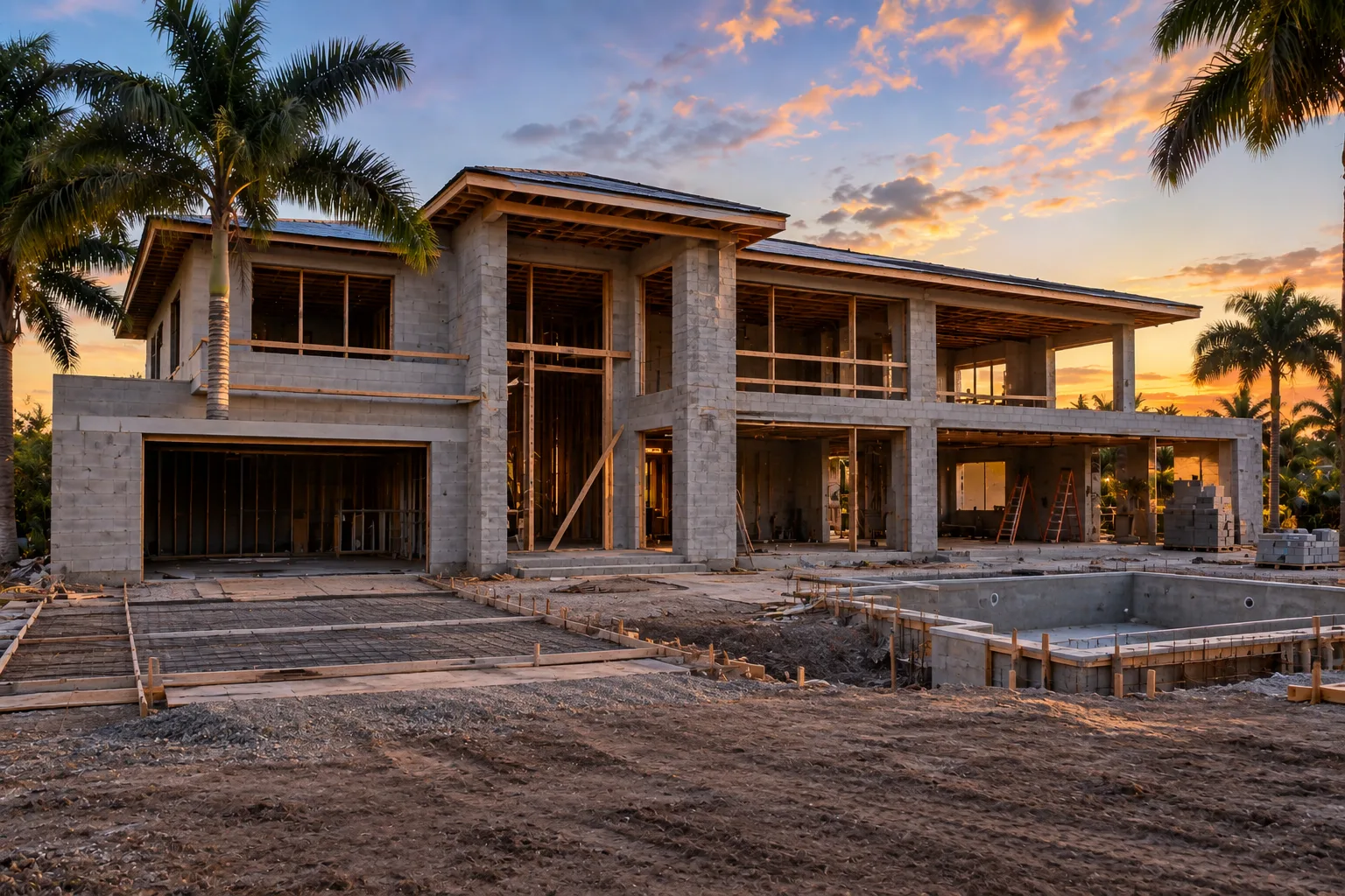 Custom home under construction at sunset