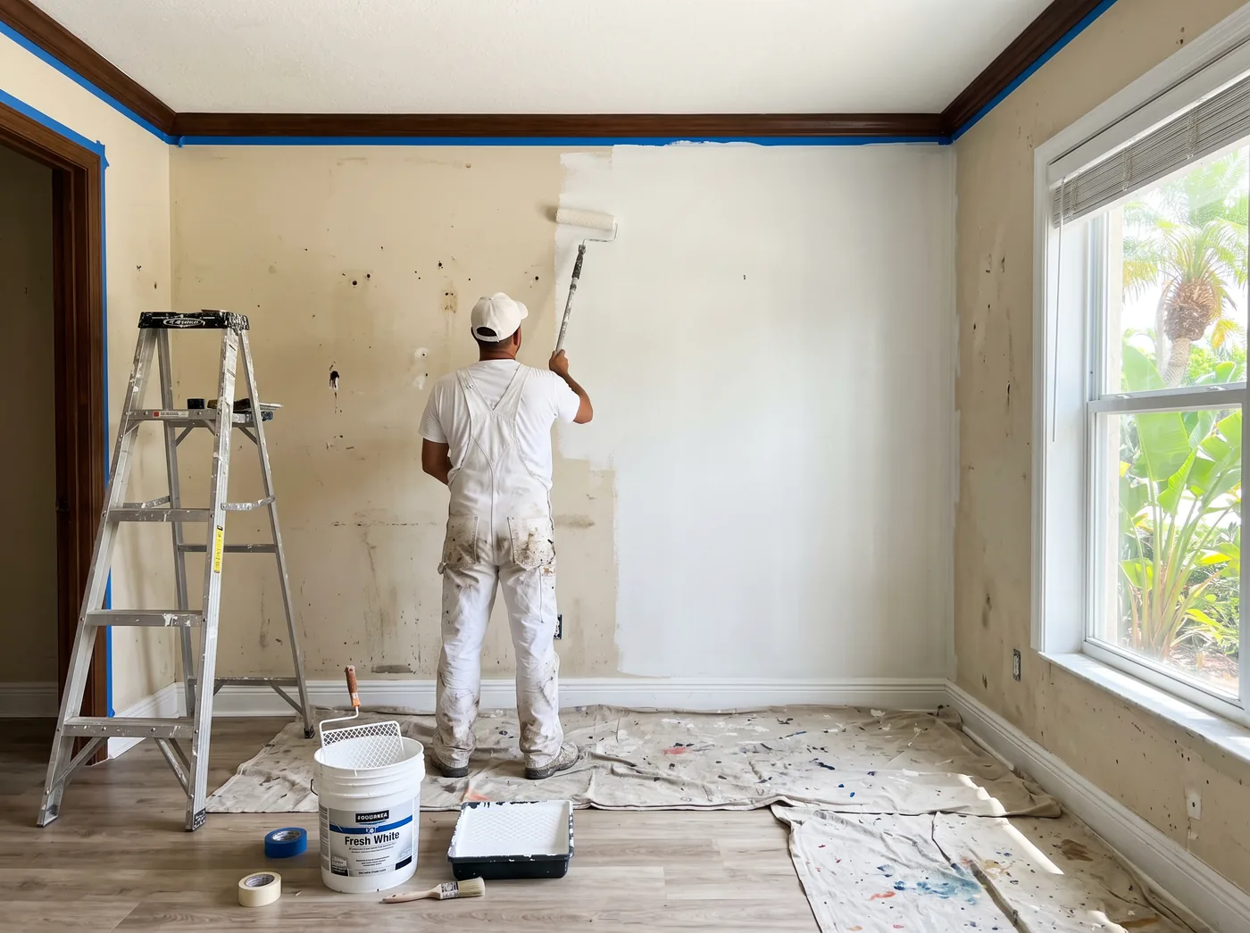 Room before painting with a painter at work